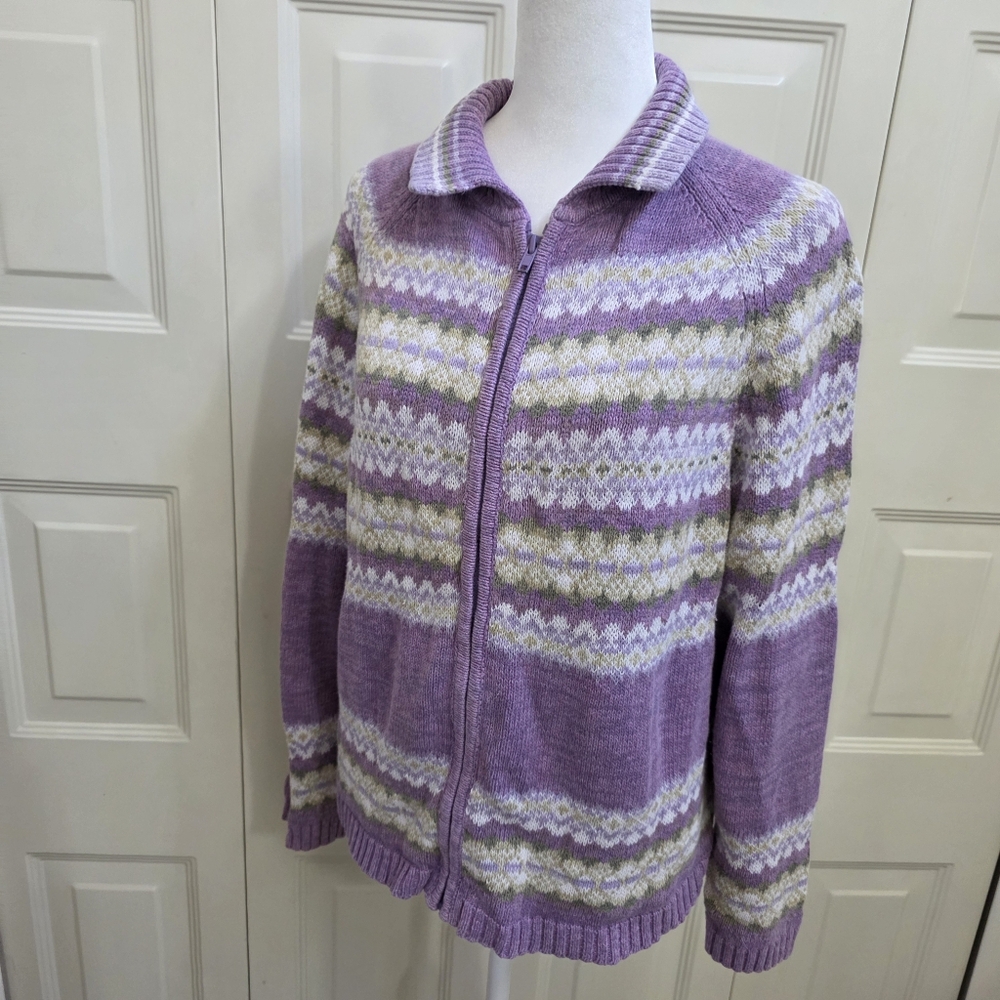 VTG Tiara International Fair Isle Zip Up Cardigan Sweater Light Purple L